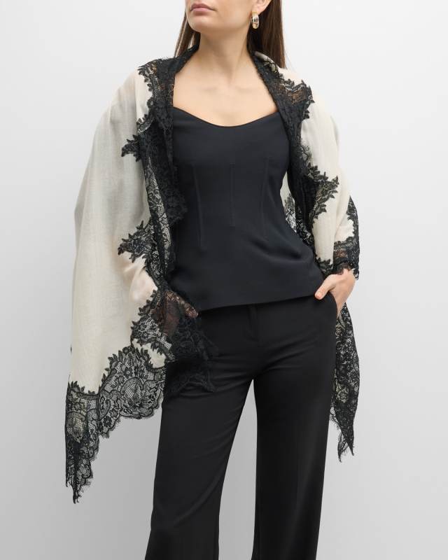 White Lace Trim Cashmere & Silk Evening Wrap
